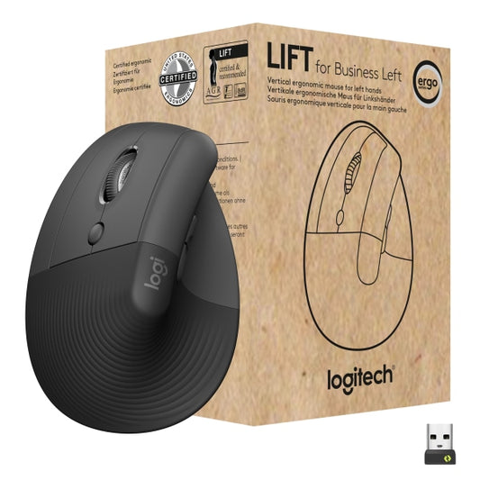 Logitech Lift for Business Left Vertical Ergonomic Mouse - Left-Handed Wireless Bluetooth or Secured Logi Bolt USB Quiet clicks Globally Certified Windows/Mac/Chrome/Linux - Graphite