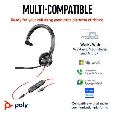 HP Poly Blackwire 3315 Monaural Microsoft Teams Certified USB-C Headset +3.5mm Plug +USB-C/A Adapter
