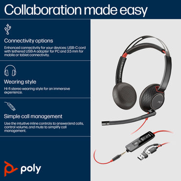 HP Poly Blackwire 5220 Stereo USB-C Headset +3.5mm Plug +USB-C/A Adapter (Bulk)