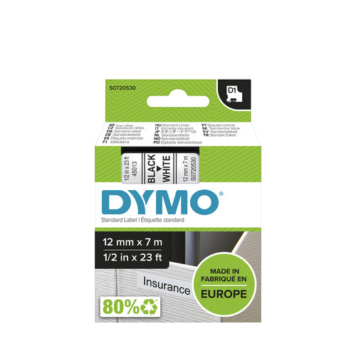 DYMO Authentic D1 Labels | Black Print on White Tape | 12 mm x 7 m | Self-Adhesive Labels for LabelManager Label Makers | Made in Europe