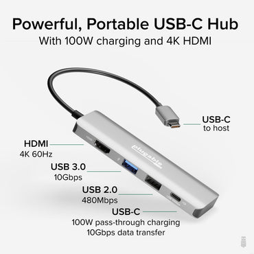 Plugable Technologies USB C Hub Multiport Adapter, 4 in 1, 100W Pass Through Charging, USB C to HDMI 4K 60Hz, Multi USB Port Hub for Windows, Mac, Ipad Pro, Chromebook, Thunderbolt (USBC-4IN1)