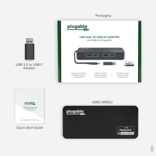 Plugable Technologies 4K DisplayPort and HDMI Dual Monitor Adapter for USB 3.0 and USB-C, Compatible with Windows