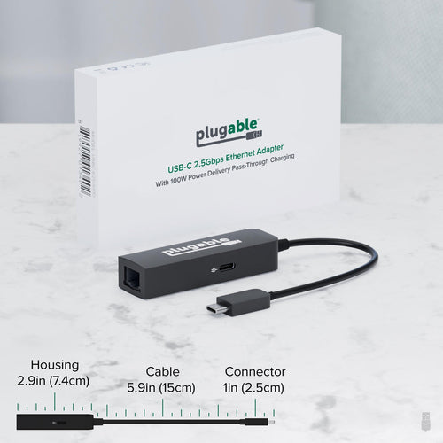 Plugable Technologies USB C to Ethernet Adapter 2.5Gb with 100W USB-C PD Charging, 2.5 Gigabit Type C USB Ethernet Adapter for Windows, MacBook, Chrome, iPad, Surface, XPS, Thunderbolt 4, USB4 (USBC-E2500PD)