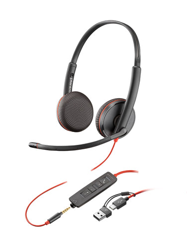 HP Poly Blackwire 3225 Stereo USB-C Headset +3.5mm Plug +USB-C/A Adapter