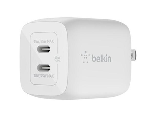Belkin - 45W Dual USB-C Wall Charger, Fast Charging Power Delivery 3.0 with GaN Technology for Apple iPhone and Samsung - White