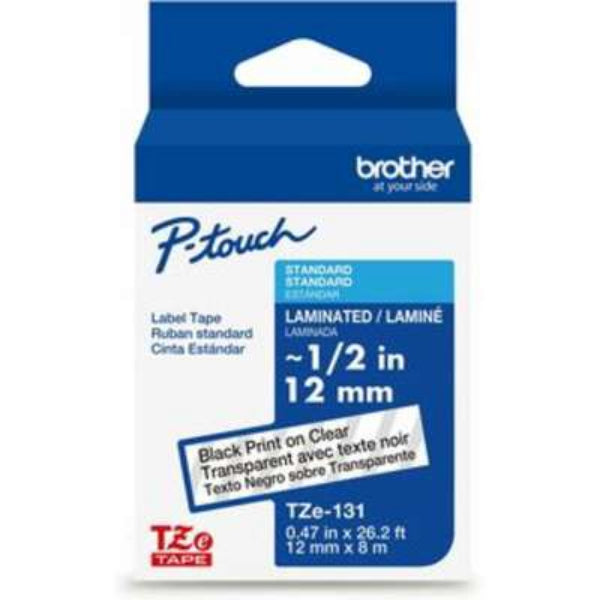 Brother P-touch TZe131 Label Tape Laminated Black on Clear 1/2in x 26.2ft 1 Roll