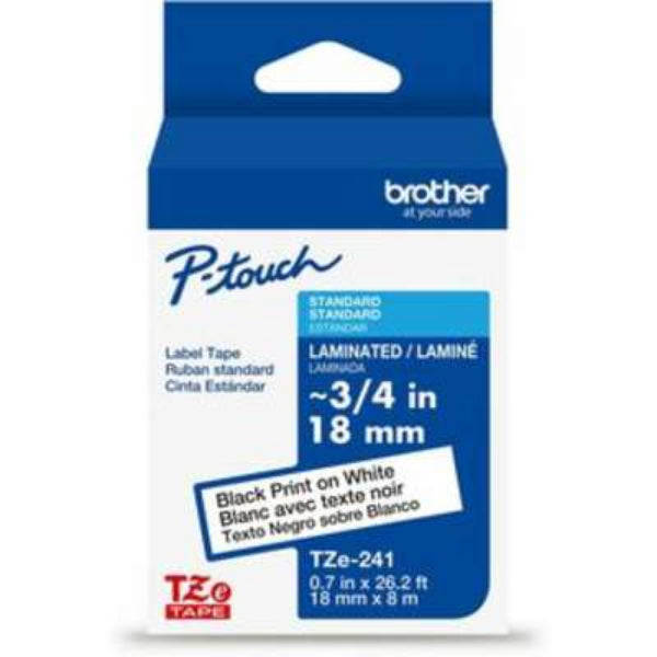 Brother P-touch TZe241 Black Print on White Label Tape 3/4in (18mm) x 26.2ft (8m) Laminated 1-Piece