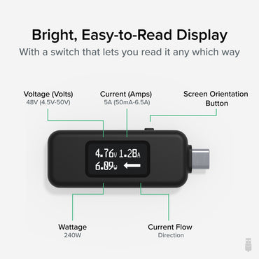 Plugable Technologies USB C Power Meter Tester for Monitoring USB-C Connections up to 240W - Digital Multimeter Tester for USB-C Cables, Laptops, Phones, Chargers - Driverless