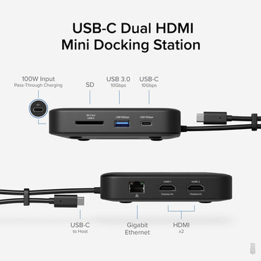Plugable Technologies 7-in-1 USB C Docking Station Dual Monitor - Dual HDMI Dock is Compatible with Mac and Windows, USB4, Thunderbolt or USB-C, 100W PD, 2x HDMI, 1x USB-C, 1Gbps Ethernet, 1x USB 3.0, 1x SD Card