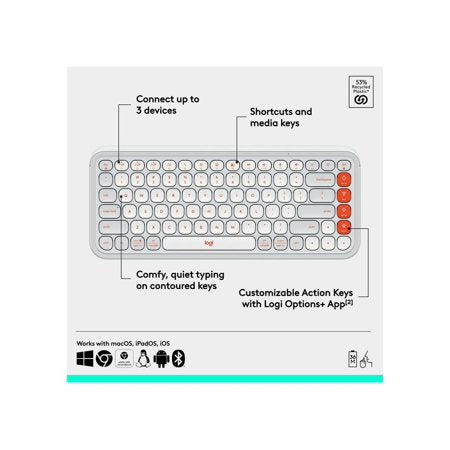 Logitech POP Icon Keys Keyboard - Wireless Connectivity - Bluetooth - 32.81 ft - USB Interface Easy-Switch Power Switch Hot Key(s) - ChromeOS Windows 10 Windows 11 Mac OS X 12.0 Monterey Linux...