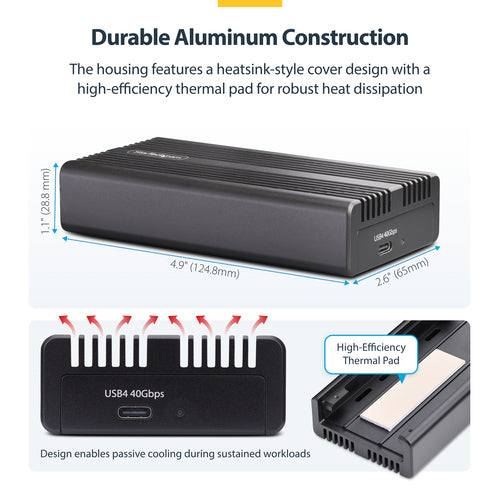 StarTech.com USB4 M.2 NVMe Enclosure, 40Gbps, External USB-C/Thunderbolt NVMe SSD Enclosure, Aluminum Heatsink Case, B+M/M-Key