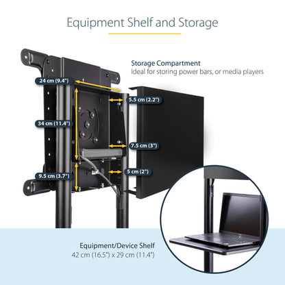 StarTech.com Mobile TV Cart - Portable Rolling TV Stand for 37-70" VESA Display (154lb/70kg) - TV Stand w/Shelf & Storage Compartment - Rotate/Tilt Display - Universal TV Mount on Wheels
