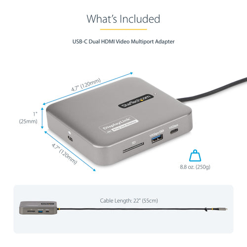 StarTech.com USB C Docking Station, Dual 4K 60Hz HDMI compatible with Macbook Pro (M1/M2/M3/M4) and Windows, USB-A/USB-C 10Gbps Hub, 100W Power Delivery, GbE, SD, 22in/56cm Cable