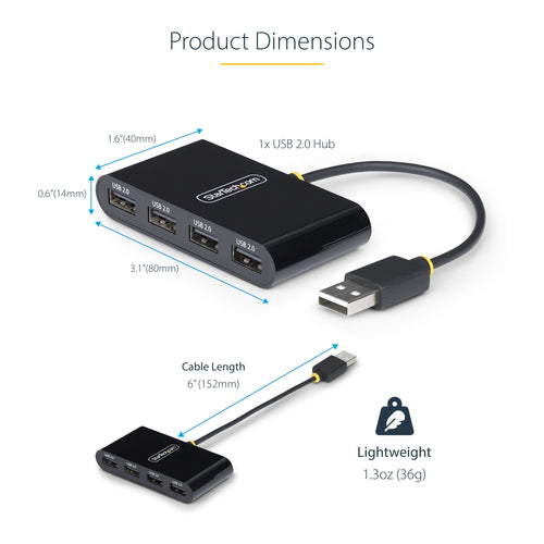 StarTech.com 4-Port USB 2.0 Hub, USB Bus Powered, Small Travel Mini USB Hub, USB 2.0 Splitter, Portable Multi-Port USB Hub, 480Mbps, Overcurrent Protection (OCP)