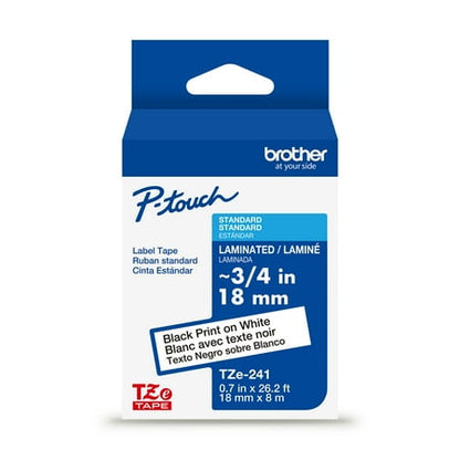Brother P-touch TZe241 Black Print on White Label Tape  3/4in (18mm) x 26.2ft (8m) Laminated  1-Piece