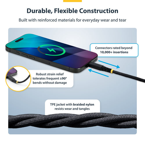 StarTech.com 3ft (91cm) USB-C Charging Cable, 60W (3A) PD, Dual-Layer Braided Nylon/TPE Jacket, Rugged USB C Charging Cord, USB 2.0 Laptop Charger Cable