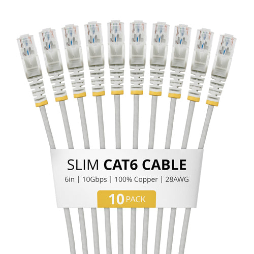 StarTech.com 6in Gray Slim CAT6 Cable, 10 Pack, Snagless, 100W PoE, UTP, LSZH, 28AWG Pure Bare Copper Wire, Slim RJ45 Network Patch Cord w/Strain Reliefs, Individually Tested