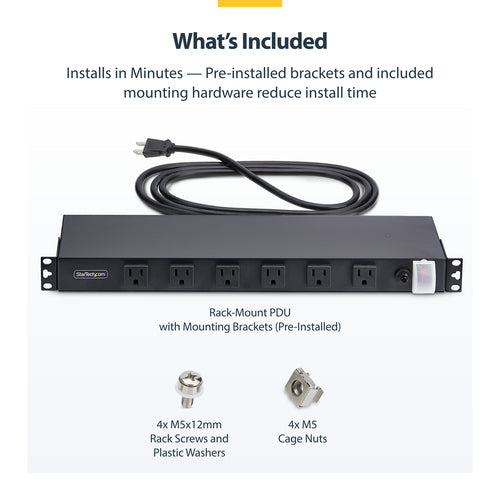 StarTech.com 12-Outlet Rackmount PDU, 1U Server Power Strip with Wide-Spaced Right-Angle Ports, Mounted Power Distribution Unit for 19-Inch Racks and Cabinets