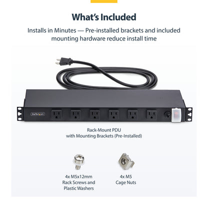 StarTech.com 12-Outlet Rackmount PDU, 1U Server Power Strip with Wide-Spaced Right-Angle Ports, Mounted Power Distribution Unit for 19-Inch Racks and Cabinets