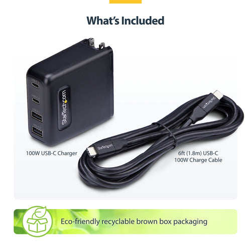 StarTech.com 100W USB-C Wall Charger, 2x USB-C/2x USB-A, Fast Charging Portable GaN Charger Power Adapter, USB Power Delivery 3.0, 6ft/1.8m Cable
