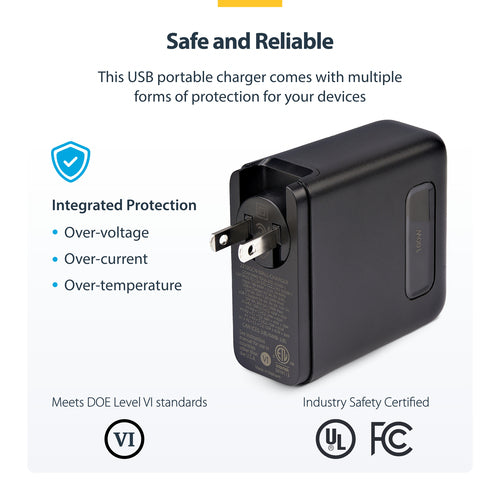 StarTech.com 100W USB-C Wall Charger, 2x USB-C/2x USB-A, Fast Charging Portable GaN Charger Power Adapter, USB Power Delivery 3.0, 6ft/1.8m Cable