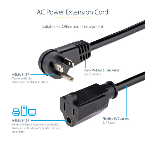 StarTech.com 1ft (30cm) Power Extension Cord, Right Angle NEMA 5-15P to NEMA 5-15R, 13A 125V, 16AWG, Black Computer Power Extension Cord, AC Outlet Extension Cable, UL Listed