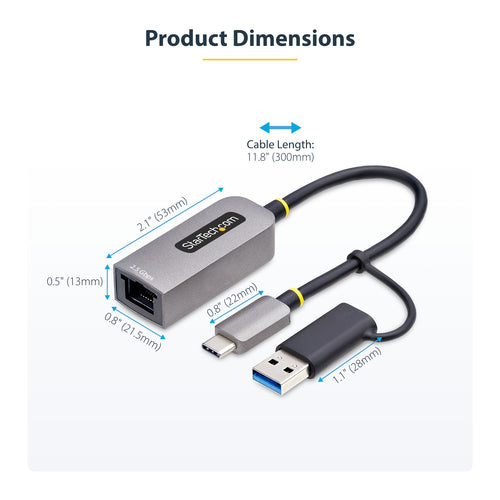 StarTech.com 2.5GbE USB-C to Ethernet Adapter with USB-A Converter, NBASE-T NIC, USB 3.0 Type-C 2.5/1G Multi Speed Network, Thunderbolt Compatible, Windows & Mac