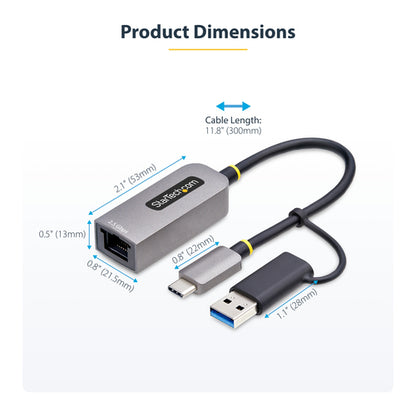 StarTech.com 2.5GbE USB-C to Ethernet Adapter with USB-A Converter, NBASE-T NIC, USB 3.0 Type-C 2.5/1G Multi Speed Network, Thunderbolt Compatible, Windows & Mac