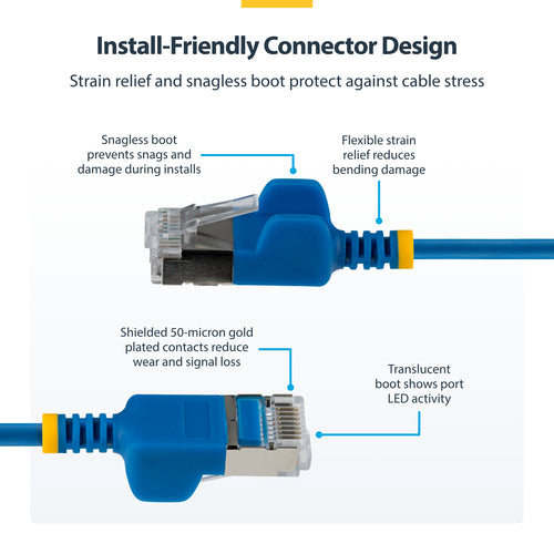 StarTech.com 2ft Blue Ultra Slim Cat6A Ethernet Cable, Snagless, FTP, Pure Bare Copper Wire, 34AWG Slim RJ45 Network Patch Cord, Individually Tested
