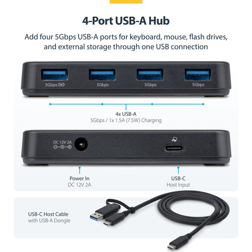 StarTech.com 4-Port USB-A Hub, 5Gbps, Self-Powered, 2-in-1 USB-C and USB-A Host Cable, 1x BC 1.2 Charging Port, 24W Power Adapter Included, MacBook and Windows