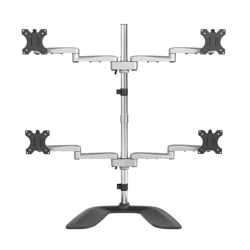 StarTech.com Desktop Quad Monitor Stand - Ergonomic VESA 4 Monitor Arm (2x2) up to 32" (17.6lb/8kg) - Free Standing Articulating Universal Pole Mount - Height Adjustable/Tilt/Swivel/Rotate - Silver