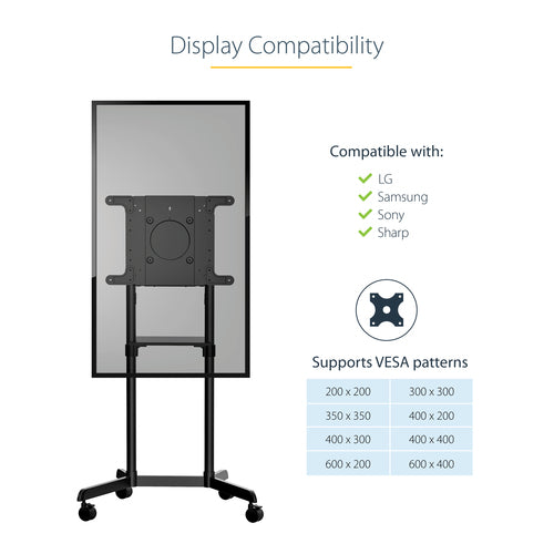 StarTech.com Mobile TV Cart - Portable Rolling TV Stand for 37-70" VESA Display (154lb/70kg) - TV Stand w/Shelf & Storage Compartment - Rotate/Tilt Display - Universal TV Mount on Wheels
