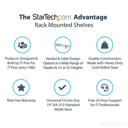 StarTech.com 1U Server Rack Shelf, Universal Rack Mount Cantilever Tray for 19" Network Equipment Rack/Cabinet, Heavy Duty Steel, Weight Capacity 33lb/15kg, 7in (18cm) Deep