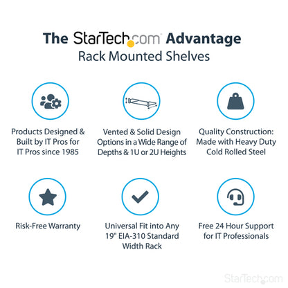 StarTech.com 1U Server Rack Shelf, Universal Rack Mount Cantilever Tray for 19" Network Equipment Rack/Cabinet, Heavy Duty Steel, Weight Capacity 33lb/15kg, 7in (18cm) Deep