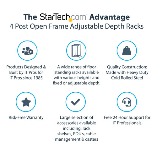 StarTech.com 4-Post 25U Mobile Open Frame Server Rack, Four Post 19in Network Rack with Wheels, Rolling Rack with Adjustable Depth for Computer/AV/Data/IT Equipment - Casters, Leveling Feet or Floor Mounting