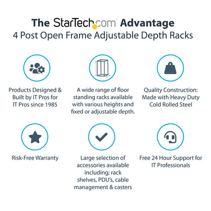 StarTech.com 4-Post 25U Mobile Open Frame Server Rack, Four Post 19in Network Rack with Wheels, Rolling Rack with Adjustable Depth for Computer/AV/Data/IT Equipment - Casters, Leveling Feet or Floor Mounting