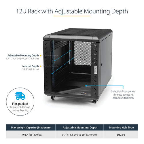 StarTech.com 4-Post 12U Server Rack Cabinet, Lockable 19" Data Rack Cabinet for Computer / AV / IT Equipment, Office / Home Network Rack with Casters & Adjustable Mounting Rails