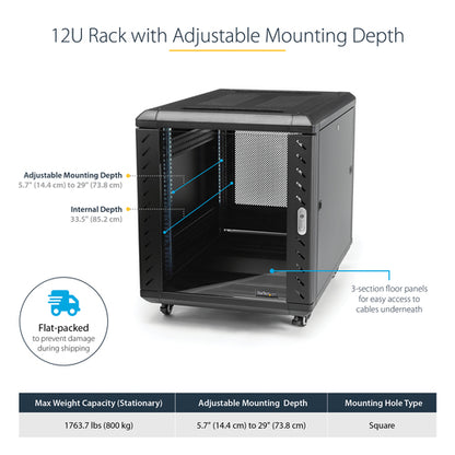 StarTech.com 4-Post 12U Server Rack Cabinet, Lockable 19" Data Rack Cabinet for Computer / AV / IT Equipment, Office / Home Network Rack with Casters & Adjustable Mounting Rails