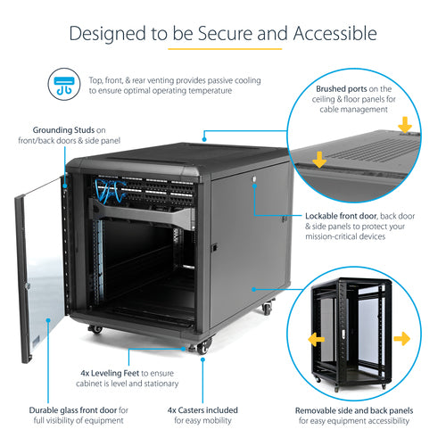 StarTech.com 4-Post 12U Server Rack Cabinet, Lockable 19" Data Rack Cabinet for Computer / AV / IT Equipment, Office / Home Network Rack with Casters & Adjustable Mounting Rails