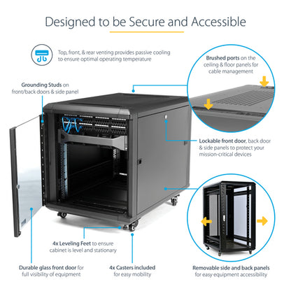StarTech.com 4-Post 12U Server Rack Cabinet, Lockable 19" Data Rack Cabinet for Computer / AV / IT Equipment, Office / Home Network Rack with Casters & Adjustable Mounting Rails