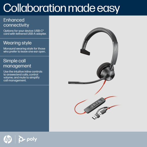 HP Poly Blackwire 3310 Monaural Microsoft Teams Certified USB-C Headset +USB-C/A Adapter