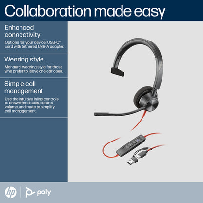 HP Poly Blackwire 3310 Monaural Microsoft Teams Certified USB-C Headset +USB-C/A Adapter