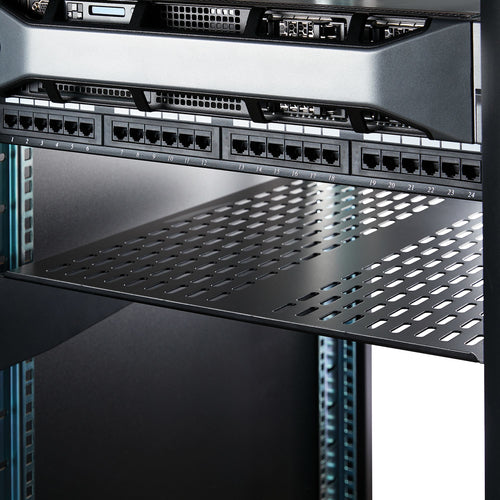 StarTech.com 2U Server Rack Shelf - Universal Vented Rack Mount Cantilever Tray for 19" Network Equipment Rack & Cabinet - Heavy Duty Steel – Weight Capacity 50lb/23kg - 22" Deep Shelf, Black
