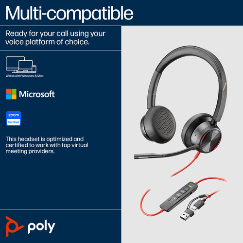 HP Poly Blackwire 8225 Stereo USB-C Headset +USB-C/A Adapter