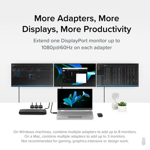 Plugable Technologies USB to DisplayPort Adapter. Connect one or more to any Mac or Windows System to add extra displays up to 1920x1080 60hz. USB C and A