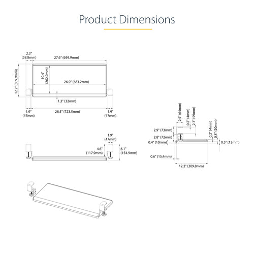 StarTech.com Under-Desk Keyboard Tray, Clamp-on Ergonomic Keyboard Holder, Up to 12kg (26.5lb), Sliding Keyboard and Mouse Drawer with C-Clamps, Height Adjustable Keyboard Tray (3.9/4.7/5.5 in)