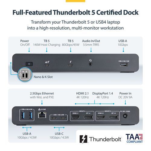 StarTech.com Thunderbolt 5 Universal Docking Station for Mac & Windows with Quad Monitors, 140W Power Delivery, 120Gbps Bandwidth Boost, 2.5Gb Ethernet, USB-C & USB-A Ports