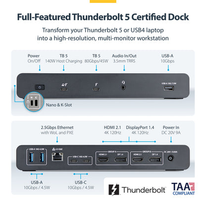 StarTech.com Thunderbolt 5 Universal Docking Station for Mac & Windows with Quad Monitors, 140W Power Delivery, 120Gbps Bandwidth Boost, 2.5Gb Ethernet, USB-C & USB-A Ports