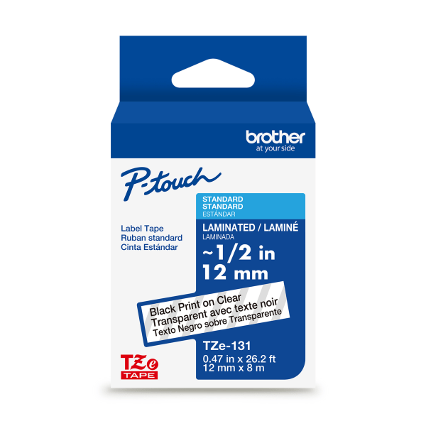 Brother P-touch TZe131 Label Tape  Laminated  Black on Clear  1/2in x 26.2ft  1 Roll