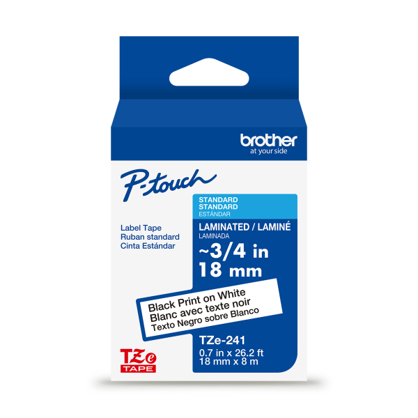 Brother P-touch TZe241 Black Print on White Label Tape  3/4in (18mm) x 26.2ft (8m) Laminated  1-Piece